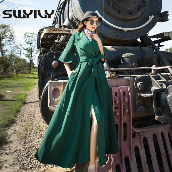 

swyivy women trench slim ankle length 2019 spring autumn new female fashion elegant vintage coat woman trench coats with belt, Tan;black