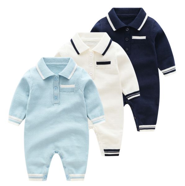 

baby boys romper infant knitted lapel onesie kids stripe lapel long sleeve jumpsuits 2019 autumn new baby boy clothes y2569, Blue