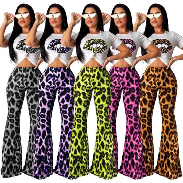 

leopard print 2 pieces sets woman summer outfits short sleeve and flare pants set 2019 casual matching sets tracksuit, White