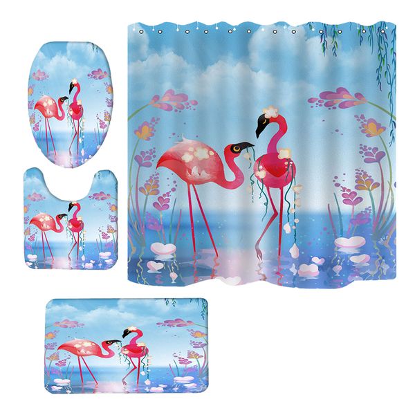 

4x bathroom set curtain bath mat rug toilet lid cover