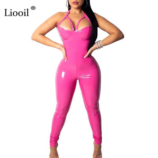 

Liooil Sexy Club PU Leather Jumpsuits For Women 2018 Sleeveless Backless Halter Jumpsuit Party Bodycon Rompers Womens Jumpsuit