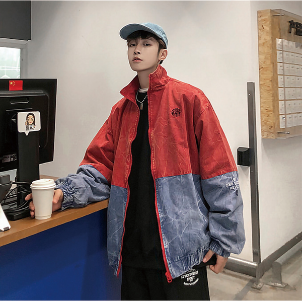 

standing mandarin collar denim jacket men color block casual mens jackets and coats windbreaker coat spring fashion streetwear, Black;brown