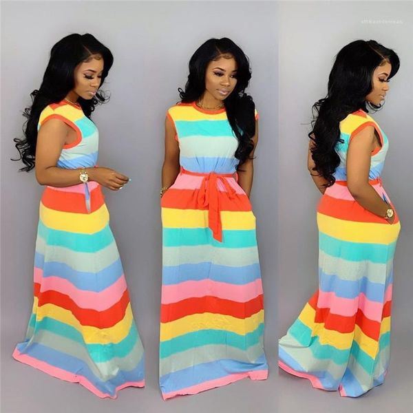 

short sleeve women color pabnelled dresses summer long dress with sashes women rainbow striped dress fashion designer, Black;gray