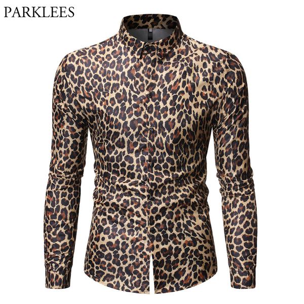 

leopard print shirt men brand new long sleeve mens dress shirts casual slim fit trurn down collar party club shirt chemise homme, White;black