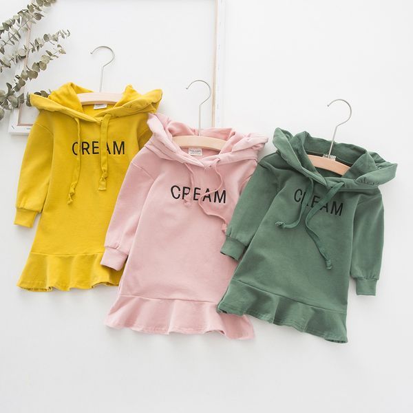 

2019 girls dress hooded casual kids toddler girl dresses ruffle solid princess costume letter print children clothes, Red;yellow