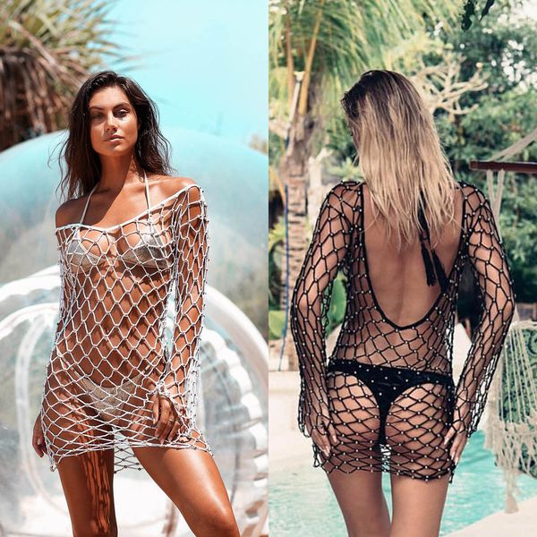 

women fishnet mesh pearl bikini cover up bathing summer beach swimwear swimsuit