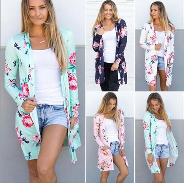 

spring women floral cardigan us europe style casual contrast long sleeves thin outwear coat clothing for sales, Blue;gray
