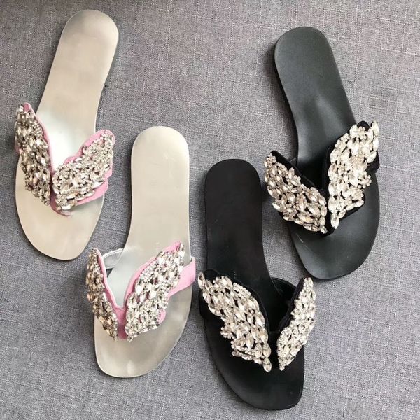 

2019 Women flip flop designer sandal Crystal Butterfly jewelry Leather Toe Flat slippers summer Beach shoes Non-slip Outdoor shoes 9 color