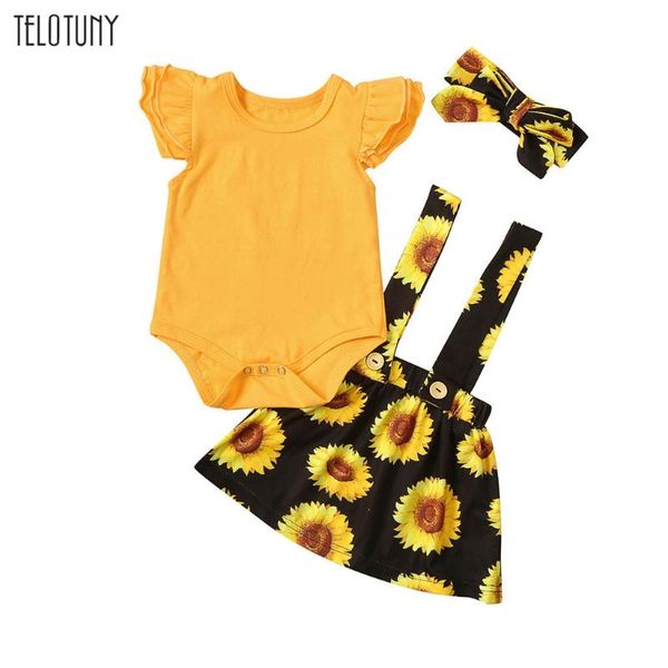 

telotuny summer new fashion infant clothing baby girls solid romper+floral overalls sunflower suspender skirt outfits 2pcs l324, White