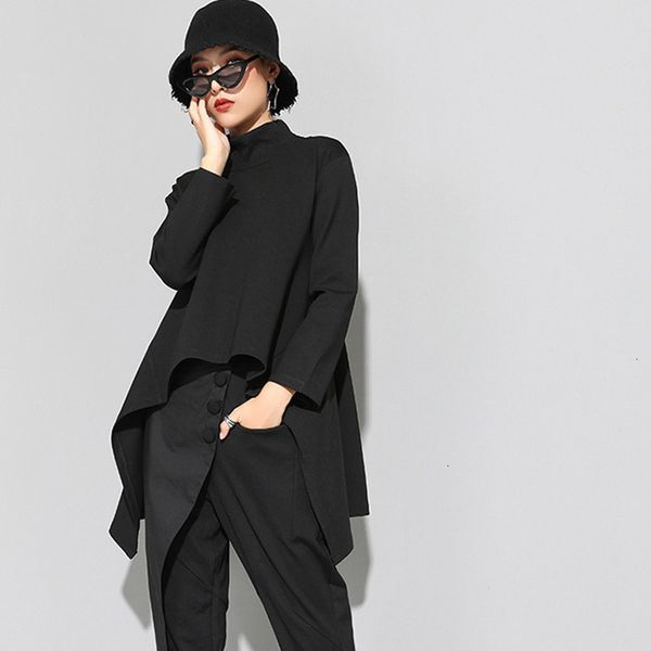 

women clothing women shirt 2019new spring summer high collar long sleeve black irregular hem loose t shirt women fashion tide match jk397, White