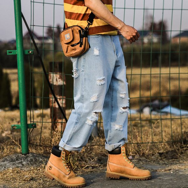 

men's jeans male streetwear hip hop ankle-length denim beggar pants trousers men vintage broken hole loose straight, Blue