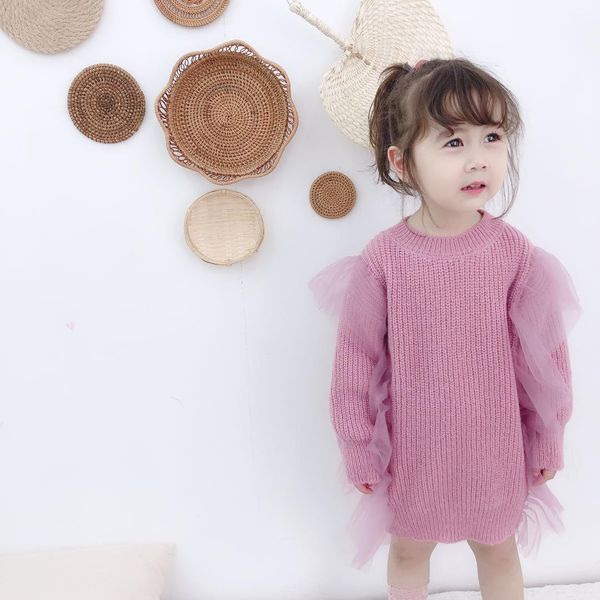 

autumn winter warm long sweater for girls mesh patchwork casual kids knitted sweater dress o-neck children pullover dress 12m-6t, Blue
