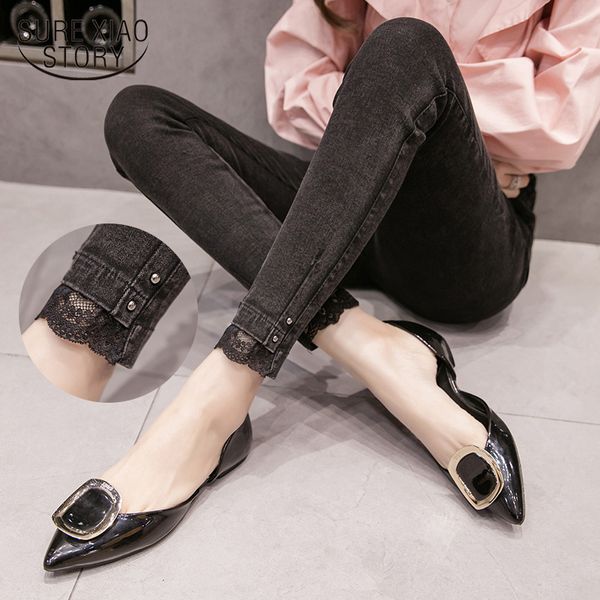 

jeans women high waist pants autumn plus size lace skinny elastic waist pencil pants solid long female trousers 7357 50, Black;white