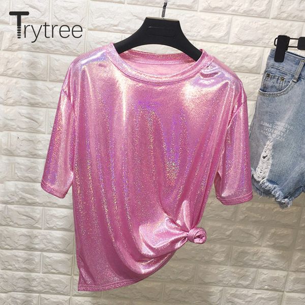

trytree spring summer women fashion t shirt breathable silky tshirt short sleeve streetwear shining soild shirt fashion top, White