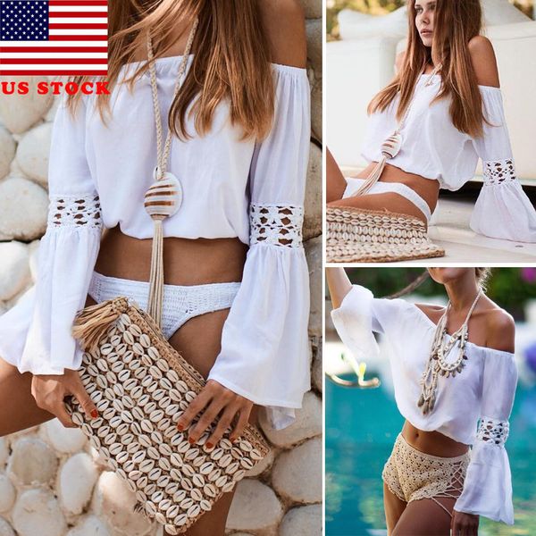 

fashion new women t-shirt spring long flare sleeve t shirt white lace floral up off shoulder tees ladies 2019 casual female top
