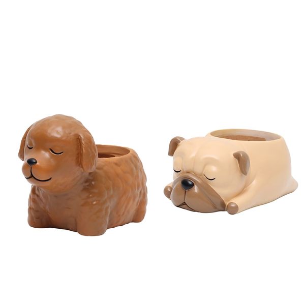 

pack of 2 lovely dog resin animal mini succulent cactus plant pot for home office desk decorations, teddy & pug
