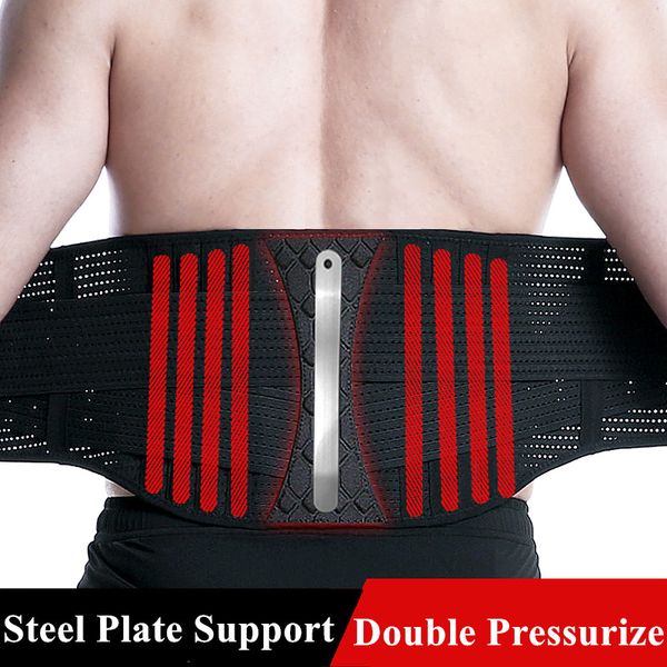 

waist support belt with spine steel plate support & pressure strip breathable adjustable gym waist trimmer relief for back pain, Black;gray