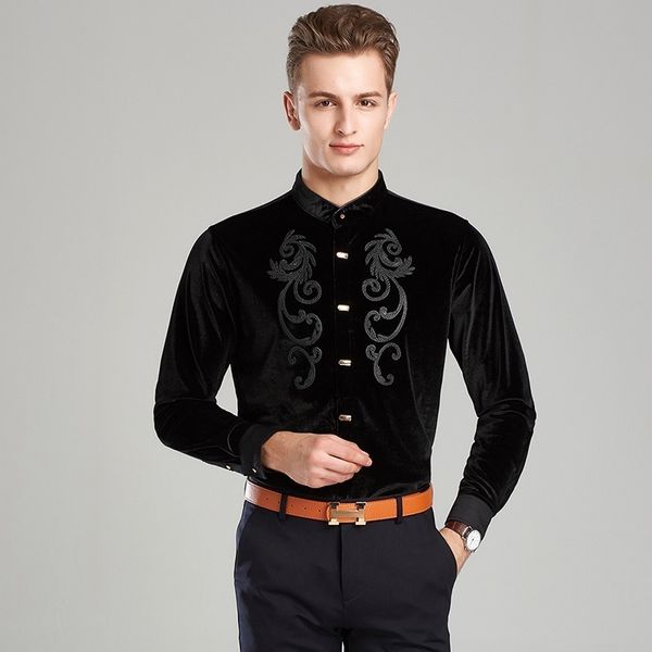 

вышивка бархат с длинным рукавом мандарин воротник для мужчин camisas masculina manga longa mens party button рубашка, White;black
