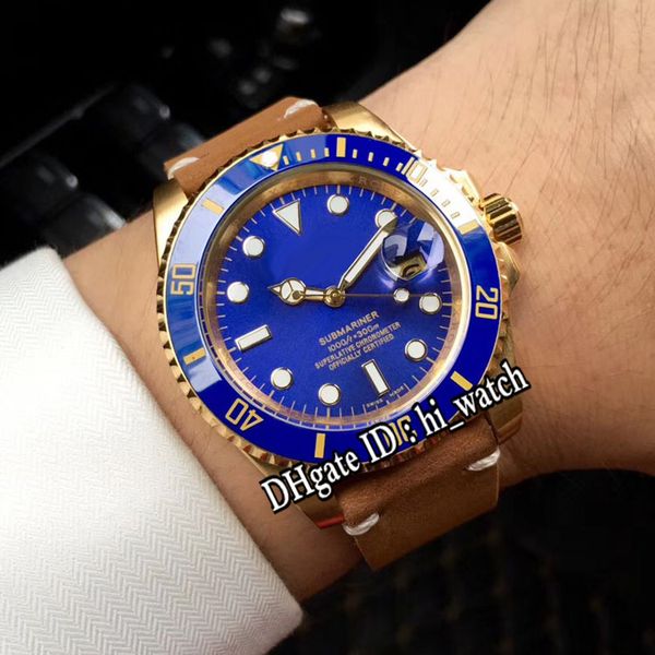 

new blue ceramic bezenl blue dial automatic mens watch two tone brown cowhide strap with white line sapphire watches 116613 hi_watch 37b2, Slivery;brown