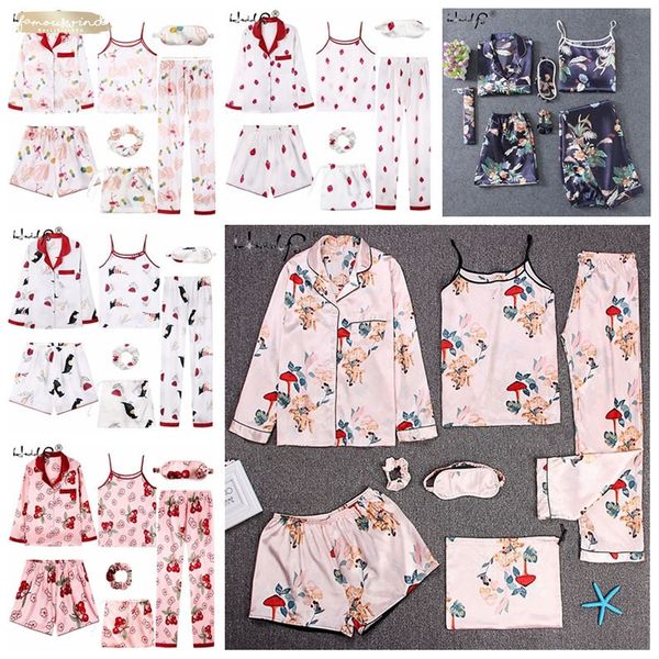 

sleepwear 7 pieces pyjamas womens strap pink pajamas sets satin silk lingerie full homewear sleepwear pyjamas set pijamas for woman, Black;red