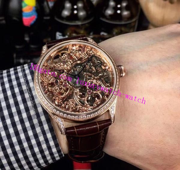 

luxury mans watch mechanical movement rose gold diamond bezel 42mm hollow-out dial plate leather strap automatic fashion men's watch, Slivery;brown