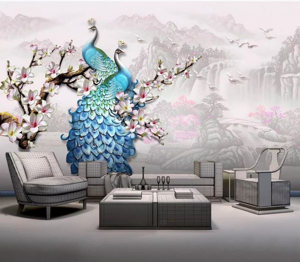 

3d wallpaper for room three-dimensional embossed blue peacock magnolia flower background wall