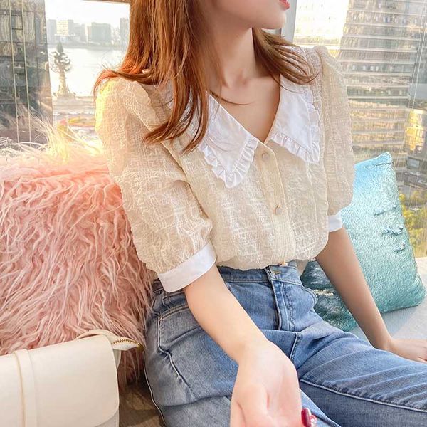 

houthion women's shirts blouse doll collar new loose design fashionable short-sleeved shirt blouse peter pan collar, White