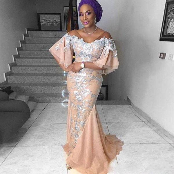 

ellegant mermaid evening dress off the shoulder lace appliqued africa chiffon women dress dubai arabic long party prom dresses, Black