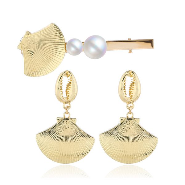 

[ddisplay]party fashion new golden earring hair clip jewelry set pearl shell hairpin personality alloy jewelries earrings accessories, Silver