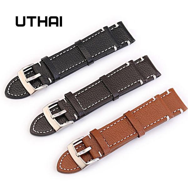 

uthai z15 business men watchbands 100% calf leather strap watchband 18-24mm watch accessories wristband, Black;brown