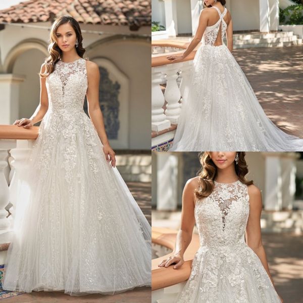 Jasmine elegantes vestidos de casamento Sheer Jewel Neck Lace Appliqued A Linha de vestidos de noiva de tule brilhante vestido de casamento