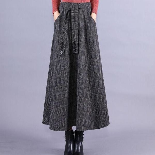 

vintage plaid skirt women autumn winter england tartan high waist woolen skirt midi length elegant plus size a line ff687, Black;gray