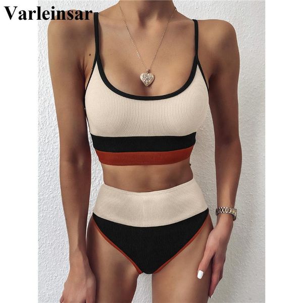 

bikinis set ribbed splicing female swimsuit high waist bikini 2021 women swimwear two-pieces bather bathing suit swim lady v2238