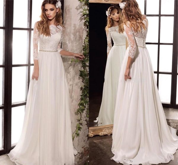 Acheter 2019 Robes De Mariée En Dentelle à Manches Longues été En Mousseline De Soie Plage Une Ligne Robes De Mariée Pays Robe De Mariée Bohème De