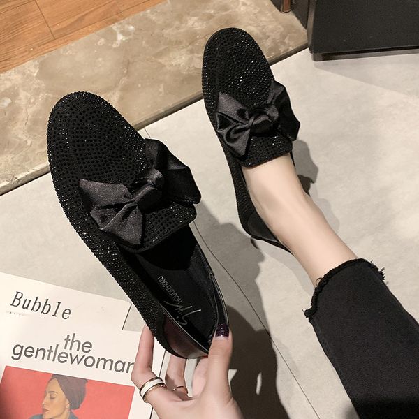 

shoes female footwear round toe all-match casual sneaker slip-on bow-knot women's moccasins loafers with fur dress summer slip, Black