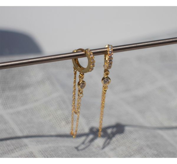 

925 sterling silver earring fashion irregular circle zircon chain long earring sweet french style wild female girl ear jewelry, Golden