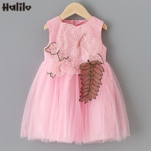 

halilo 2020 new toddler girl summer dresses pink sleeveless flower leaf mesh kids tutu dress for birthday party princess clothes, Red;yellow