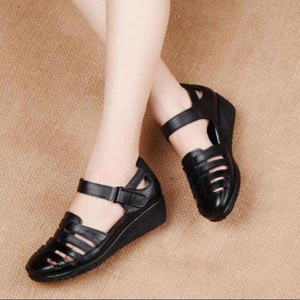 

women sandals 2020 summer breathable genuine leather shoes handmade wedges sandals mother shoes gladiator summer beach cool soft, Black