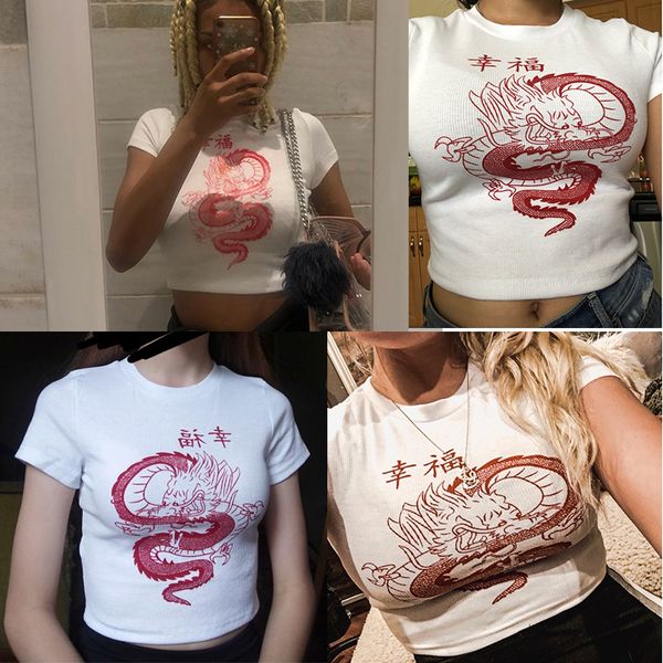 

rockmore white chinese character dragon print t shirt women bodycon casual tshirt t-shirt femme streetwear tee shirt summer