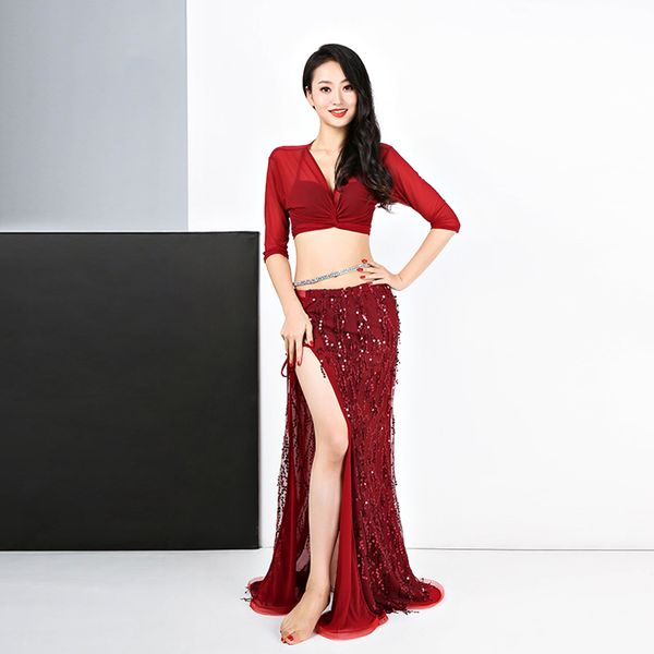 

falda bellydance red sequin bollywood dance costumes bellydance hip scarf women bollywood dance costumes practice wear dqs2185, Black;red