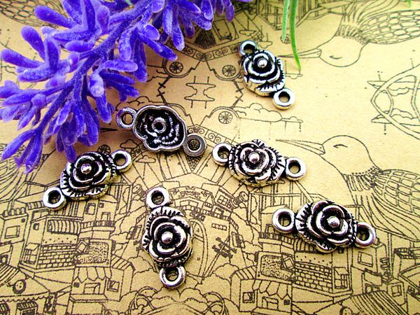 

90pcs-- rose flower charms, antique silver little rose flower charm pendants tag connectors 10x18mm, Bronze;silver