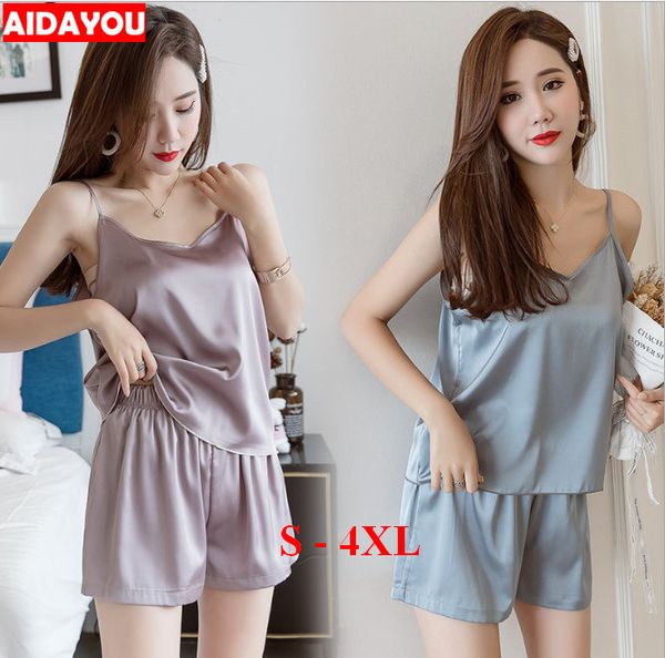 

pajamas set for girl silk 2019 summer sleepwear women suit | strap two pieces | black purple blue plus size 4xl ouc369a, Blue;gray