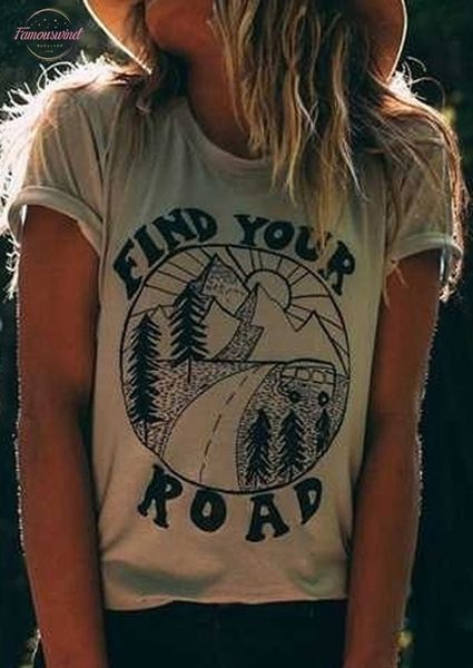 

women 2020 women t shirt summer short sleeve find your road print o neck t shirt female casual t shirt fashion light, White