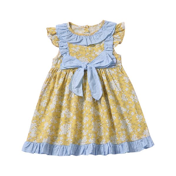 

girls cute dress ins explosion models pastoral style fresh yellow floral baby small flying sleeve flower bow vest dress, Red;yellow