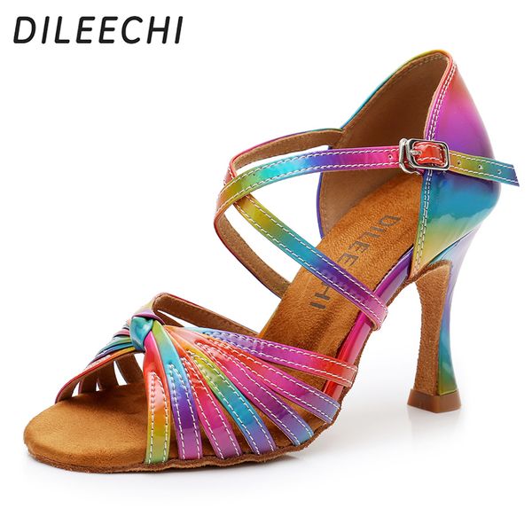 

dileechi latin dance shoes rainbow colors bright pu women's salsa elegant cuba high heel 9cm ballroom dancing shoes soft outsole