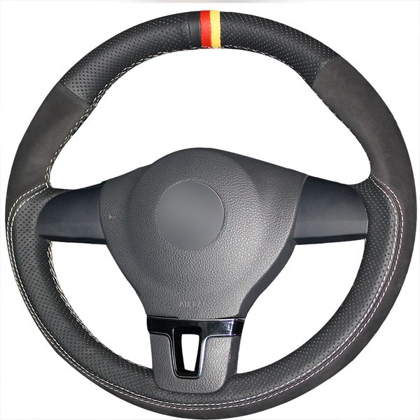 

diy hand sewing black genuine leather black suede car steering wheel cover for volkswagen vw tiguan lavida passat b7