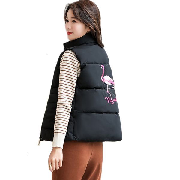 

autumn women cotton padded vest jacket new embroidery wild student waistcoats loose sleeveless warm winter jacket women clothing, Black;white