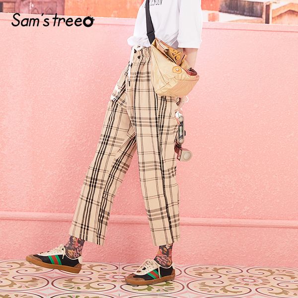 

samstree women plaid cargo pants and capris cotton england style elastic waist and zipper full trousers high waist long pants, Black;white