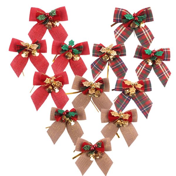 Christmas Bowknot Decorations With Bells Plaid Bowknot Burlap Xmas
