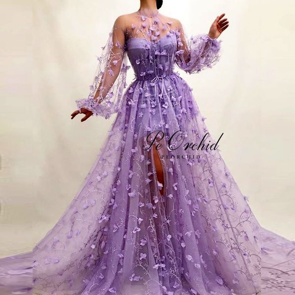 

peorchid fitted high slit 3d floral prom dress purple 2019 floor length flowers long sleeves evening gown vestido de noche tul, White;black